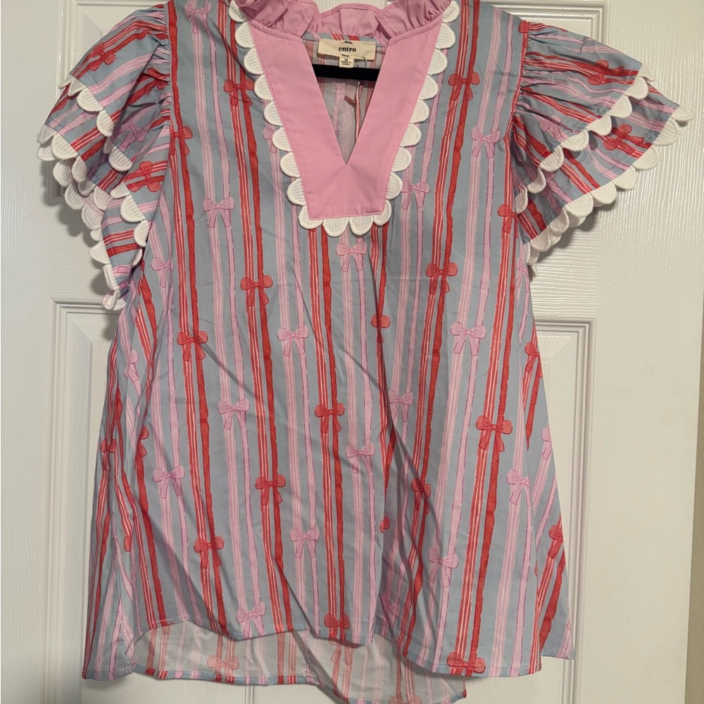 Entro Pink and Red Striped Blouse with Ruffled Sleeves